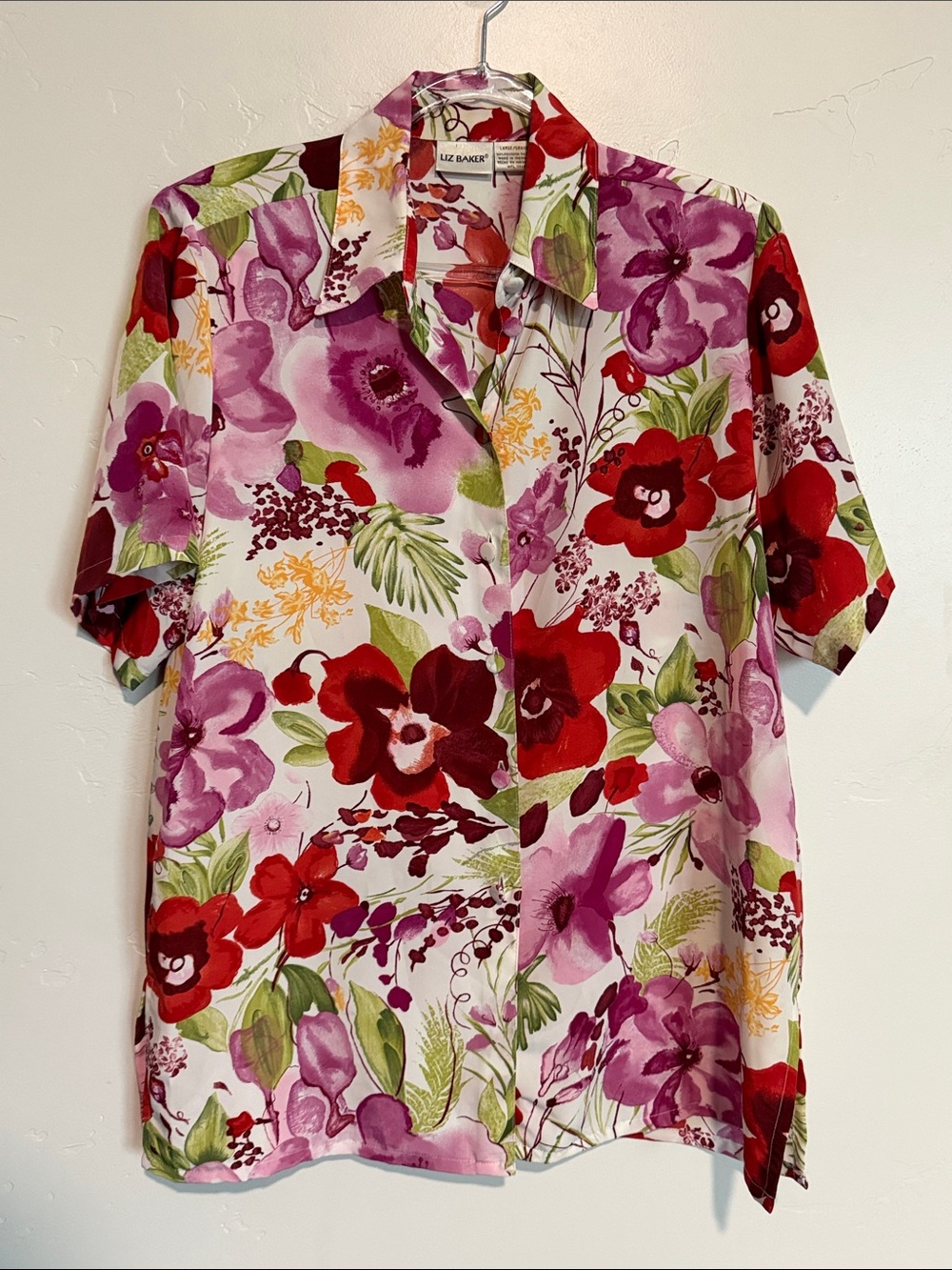 Liz Baker Floral Button-Down Shirt Satin Top